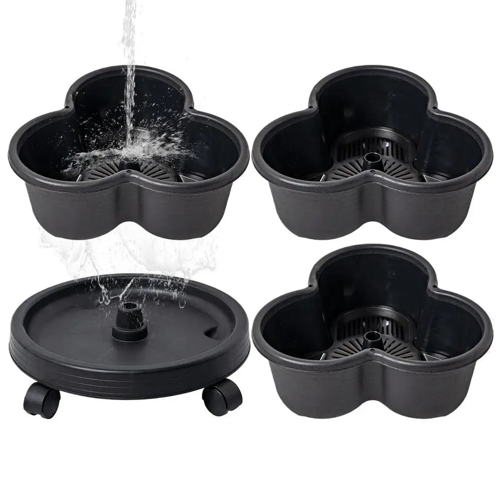 Three-section planter base with drainage holes and inner strainer, dark plastic