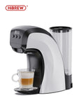 HiBREW Bene Presso capsule coffee machine in black and white with a clear water tank and glass cup.