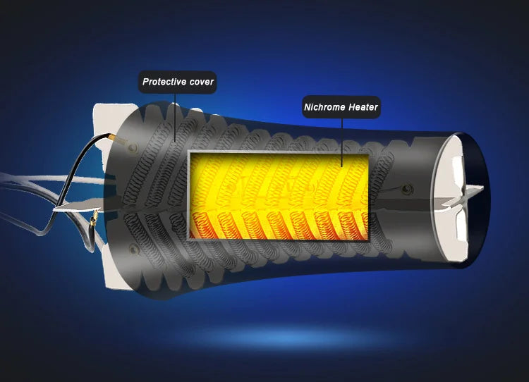 Professional hair dryer internal nichrome heating element and protective cover schematic diagram for salon quality drying.