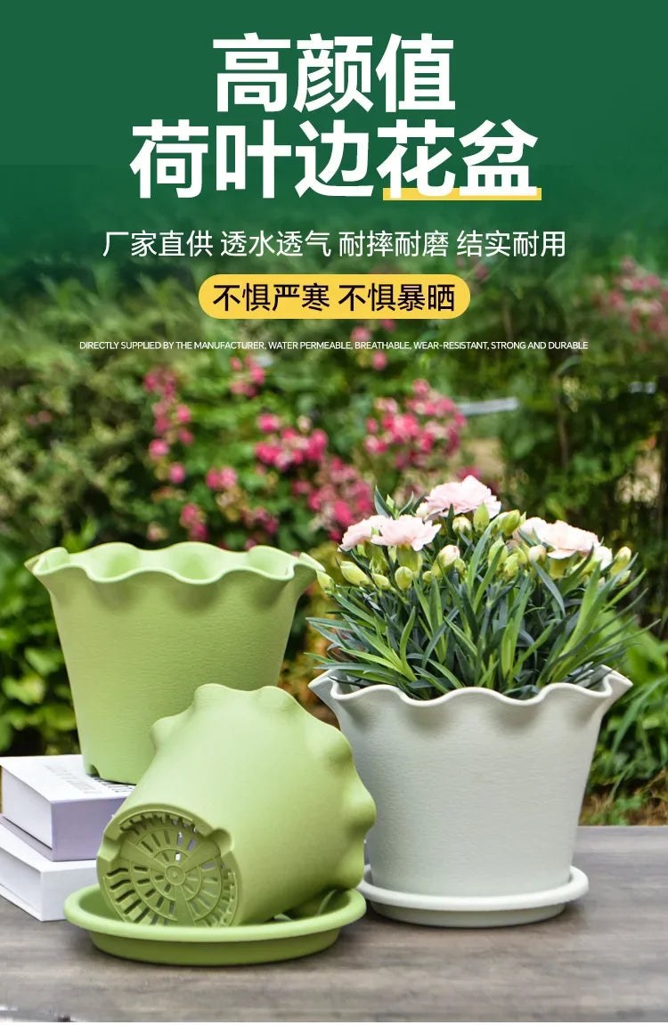 Flower Pot Lotus Leaf Edge Household Thickened Plastic Indoor Balcony Lily Wind and Wave Edge Pot 2pcs (Flower Pots Bases)