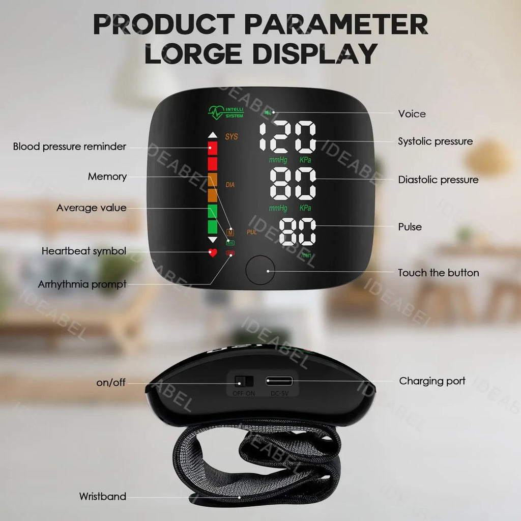 New LED Wrist Blood Pressure Monitor English Voice Broadcast Sphygmomanometer Tonometer BP Monitor Forehead Digital Thermometer