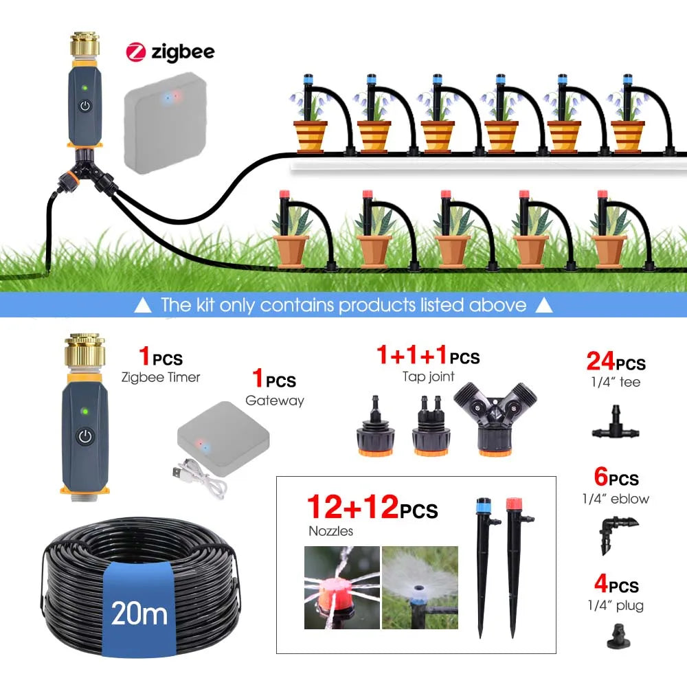 20m Garden Zigbee Timer Multiple Types of Sprinkler Irrigation Kit 1/4'' Hose Smart Application Remote Control Watering System