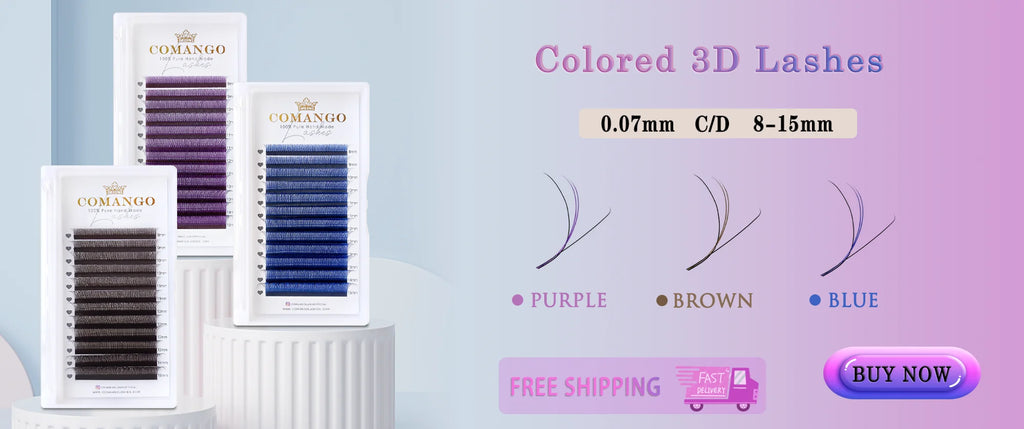 Trays of purple, brown, and blue 0.07mm 3D eyelash extensions for professional salon application.
