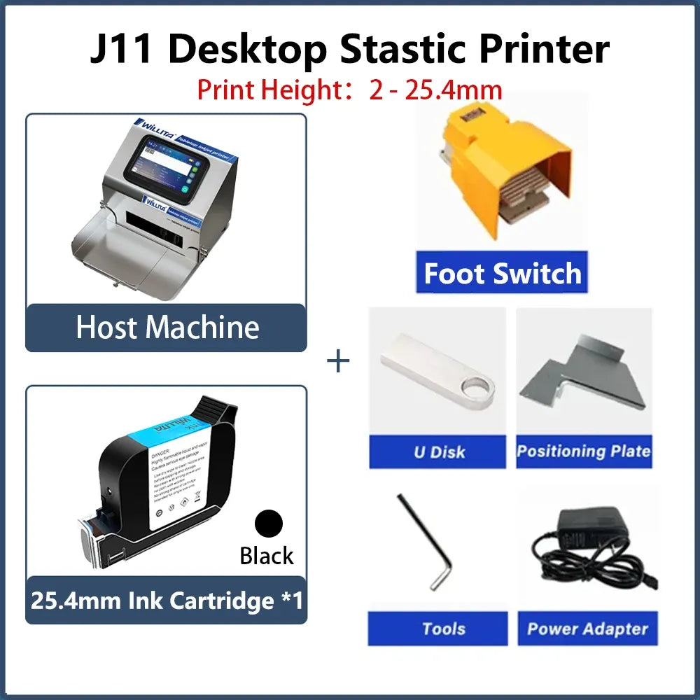 Desktop static inkjet printer packing list with foot switch, positioning plate, and power adapter