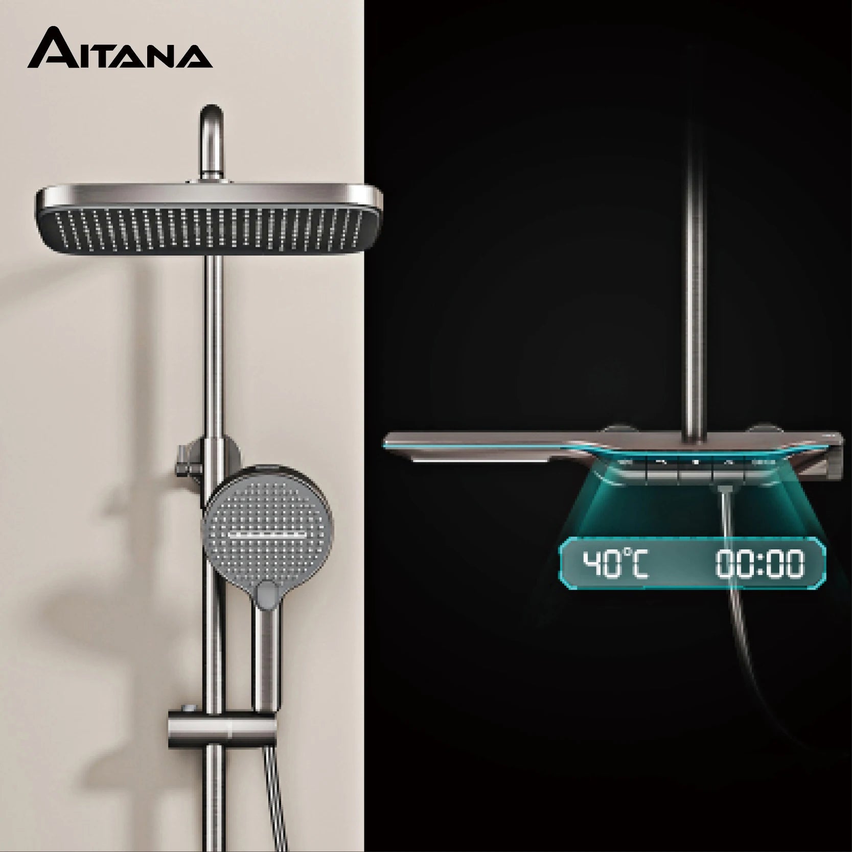 Luxury Brass Gun Gray Shower System Intelligent LED Digital Display Constant Temperature Design, Dual Control Bathroom Faucet