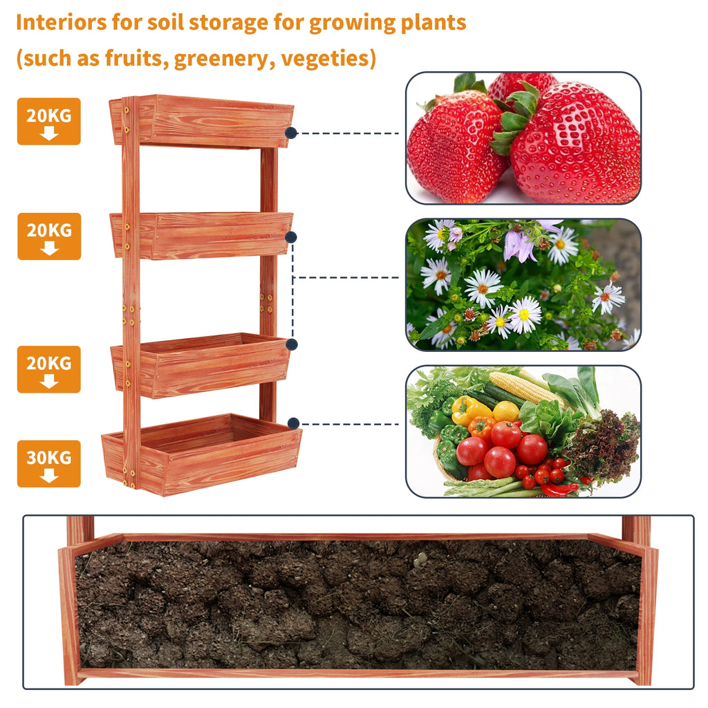 Reddish brown 4-tier raised wooden planter box with inner soil compartments illustration