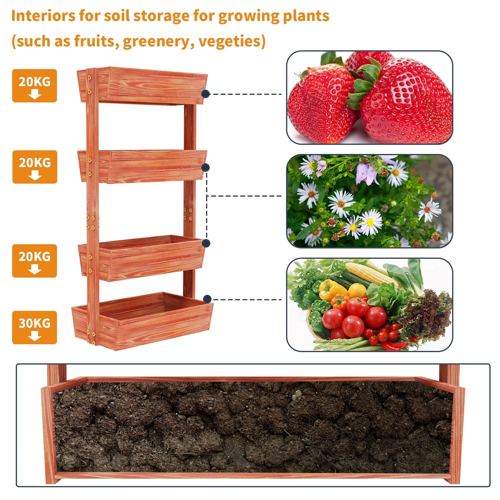 Reddish brown 4-tier raised wooden planter box with inner soil compartments illustration