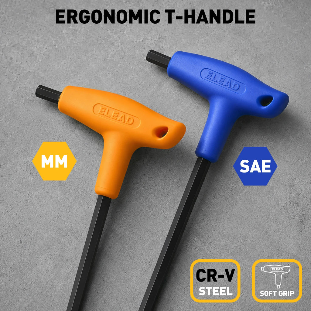 ELEAD 18Pcs T-Handle Hex Wrench Set, Metric & SAE, CR-V Steel W/ Storage Rack, Ergonomic Soft Grip for Repair DIY