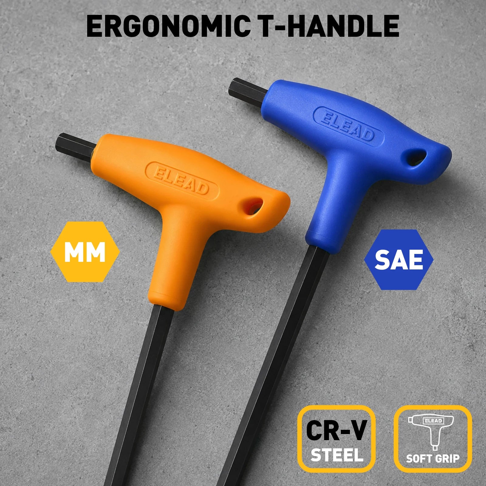ELEAD 18Pcs T-Handle Hex Wrench Set, Metric & SAE, CR-V Steel W/ Storage Rack, Ergonomic Soft Grip for Repair DIY