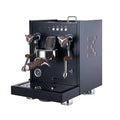 Black espresso machine with chrome accents, pressure gauge, and wood-grain handles for professional home brewing.
