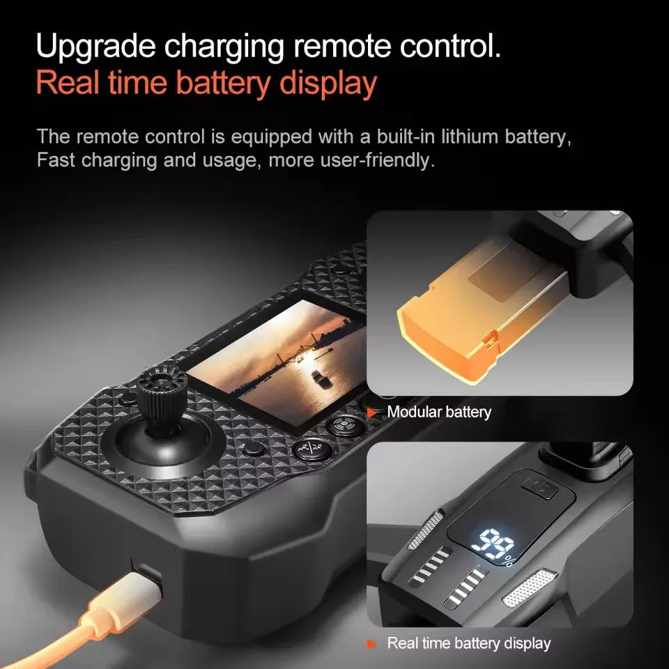 Black rechargeable drone remote with textured grip, a screen, modular battery slot, and digital battery percentage