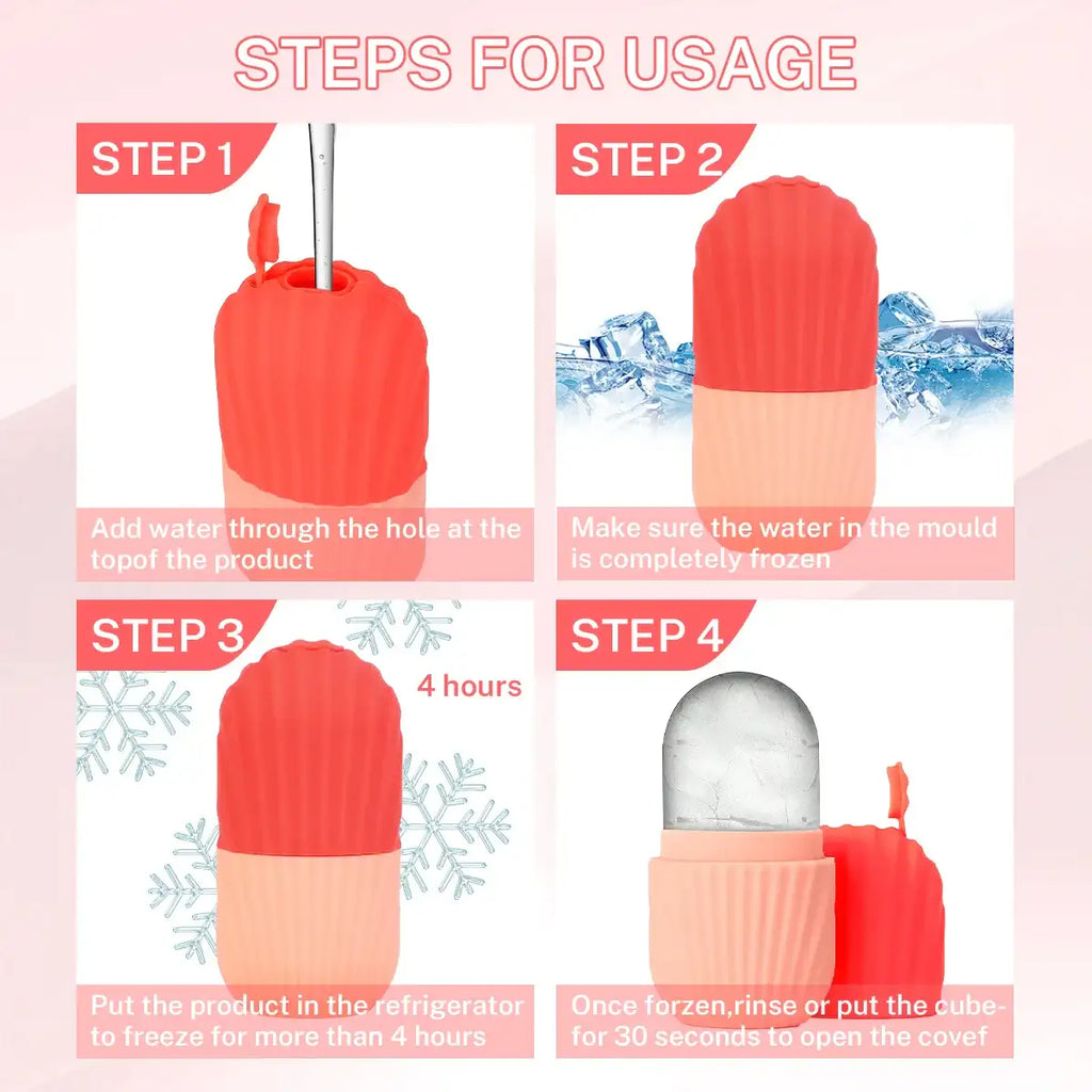Four-step instruction graphic for a coral and peach silicone facial ice roller mold.