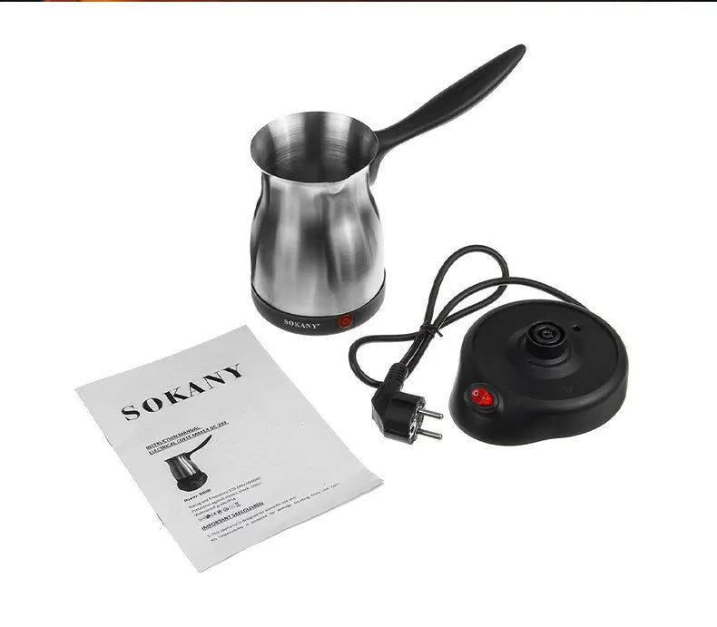 Sokany stainless steel electric Turkish coffee maker with black handle, power base, and instruction manual.