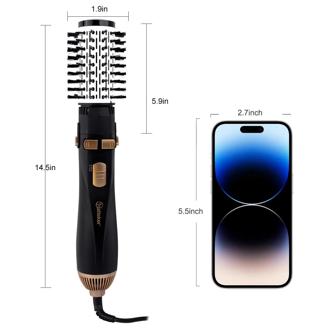 Hatteker black and gold hot air brush dryer with round styling attachment and dimensions shown next to a smartphone.