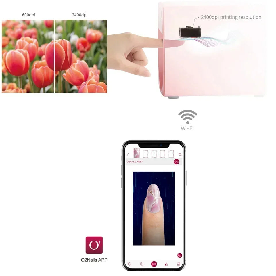 Smart portable 3D nail printer in pink with 2400 DPI, WiFi connectivity, and mobile app for home DIY nail art designs.