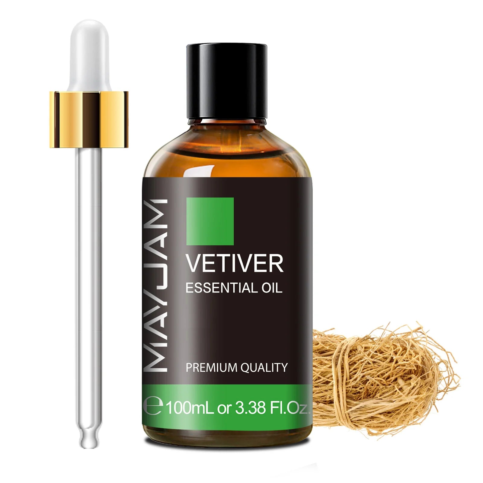 Vetiver essential oil bottle with dropper, amber glass, 100ml