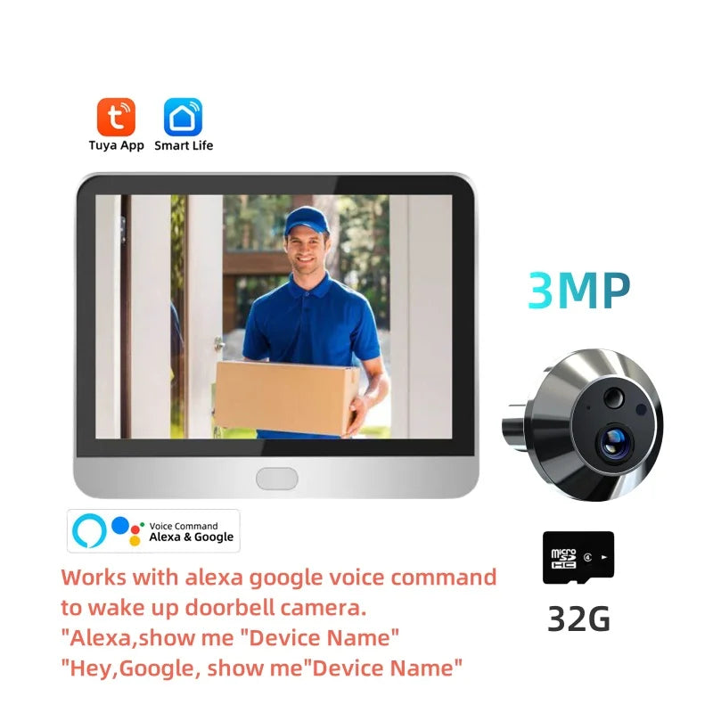 3MP smart peephole video camera kit with Alexa voice control and 32G storage