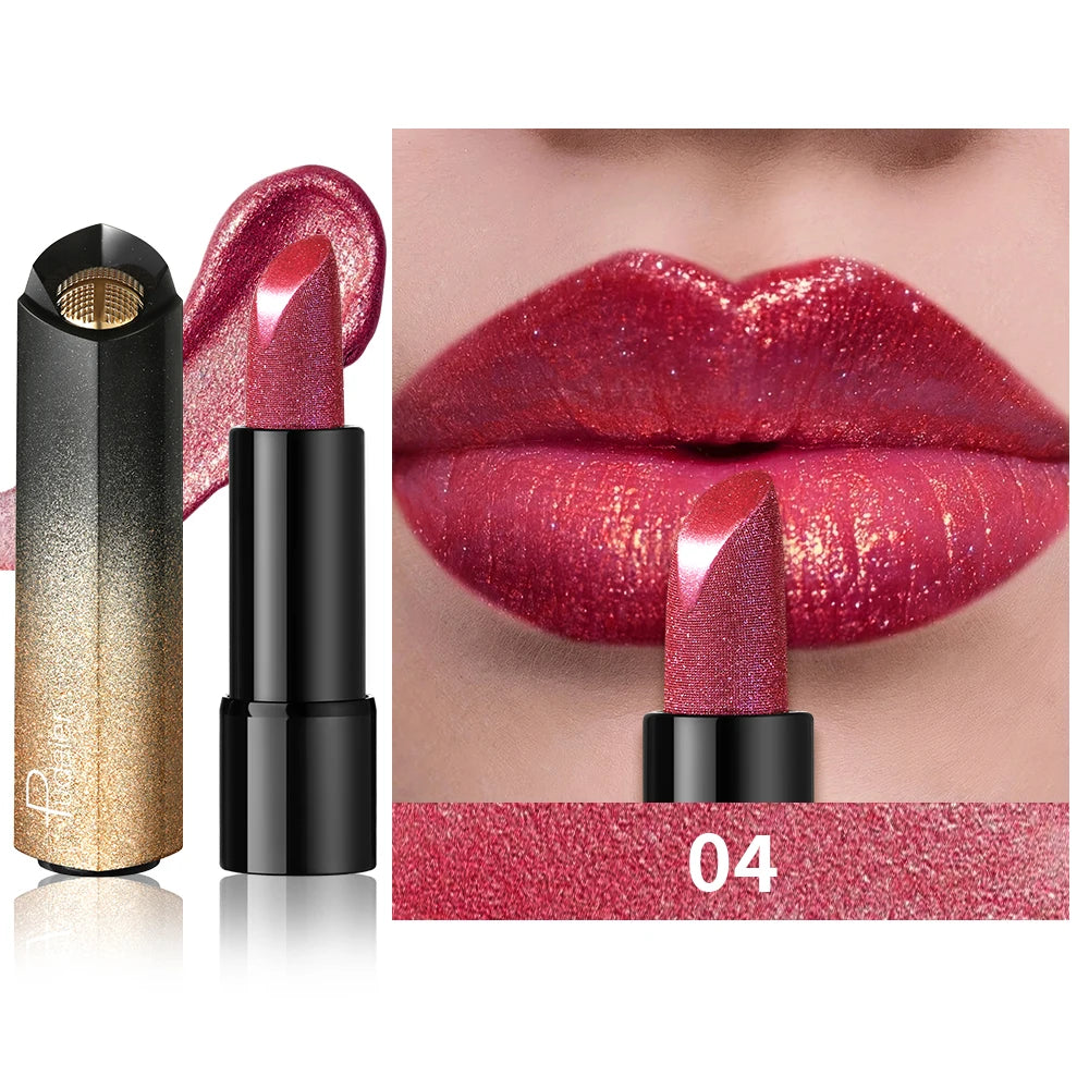 Pearly metallic red lipstick with glitter shimmer finish, creamy texture, and high-pigment party makeup look.