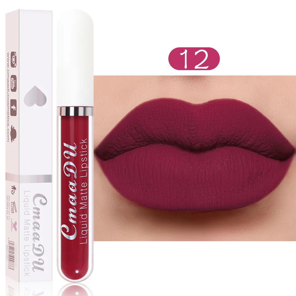 CmaaDu long-lasting matte liquid lipstick in deep berry shade 12, featuring a waterproof, non-stick, velvety finish.