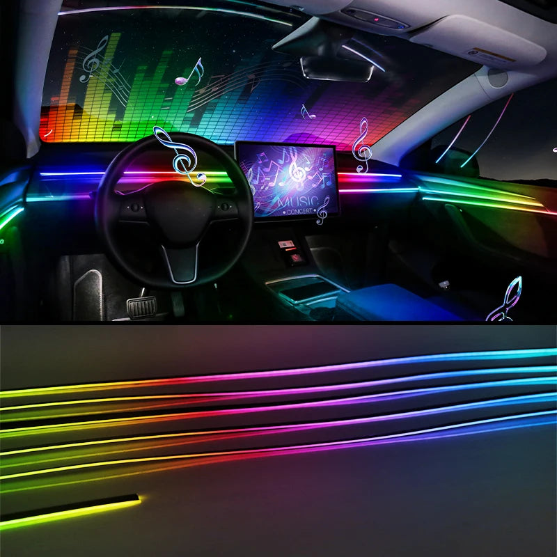 Multicolor LED car interior ambient lighting strips installed along a dashboard to provide decorative lighting.