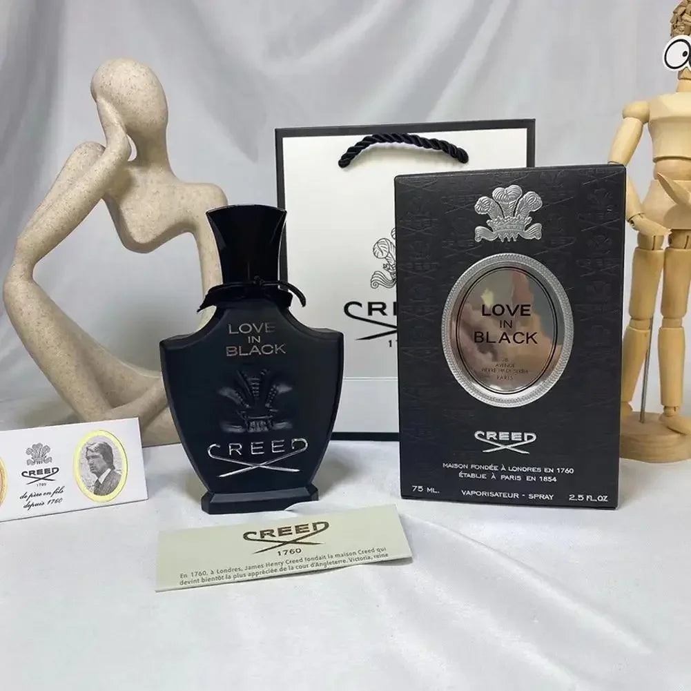 Love in Black perfume in a matte black 75ml bottle and textured black box with silver emblem.