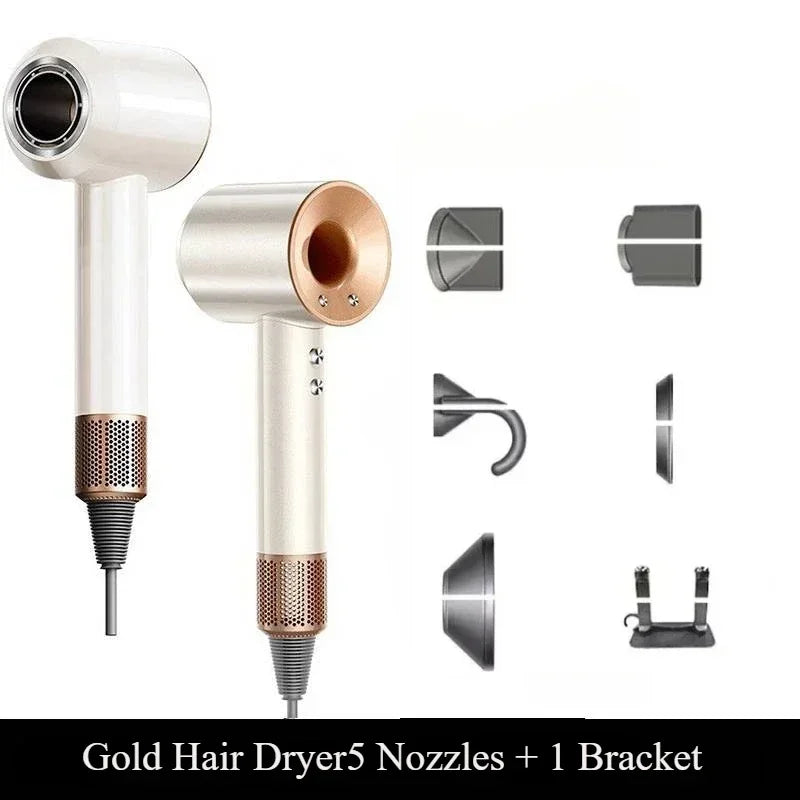 White and gold 5-in-1 professional hair dryer with 5 styling attachments and stand for smooth, thermostatic hair care.