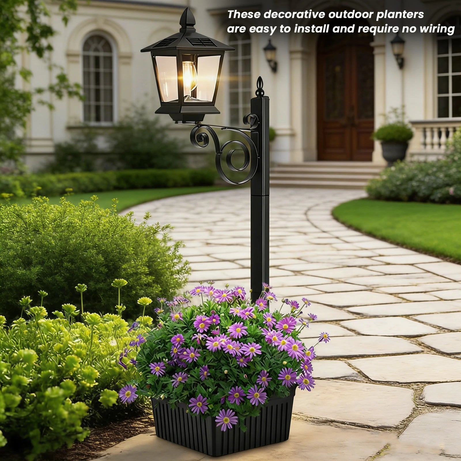 2 In 1 Outdoor Flower Pots Light with Planter Freestanding Planters Lamp Decorative Solar Lamp for Outside/Front Door/Yard/Lawn