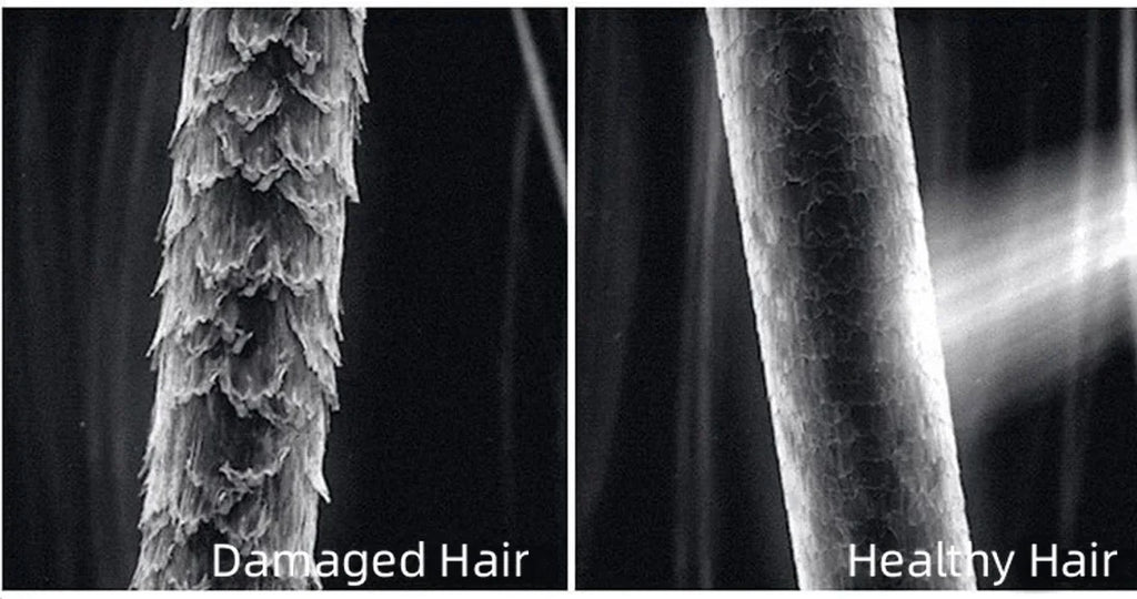 Microscopic view: Negative ion hair dryer restores damaged hair cuticles to a smooth, healthy state for shiny hair.