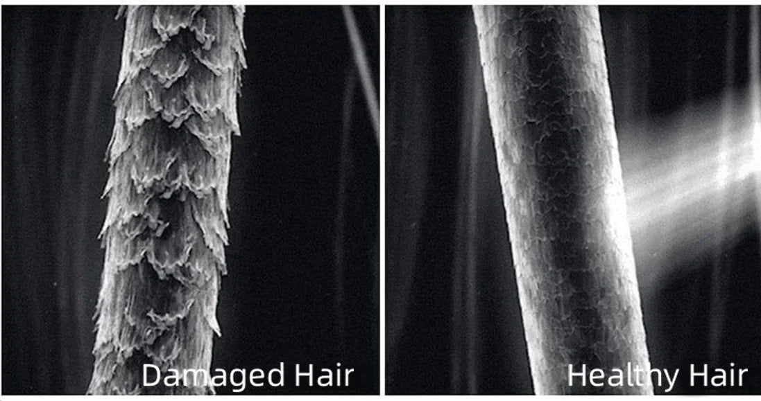 Microscopic view: Negative ion hair dryer restores damaged hair cuticles to a smooth, healthy state for shiny hair.