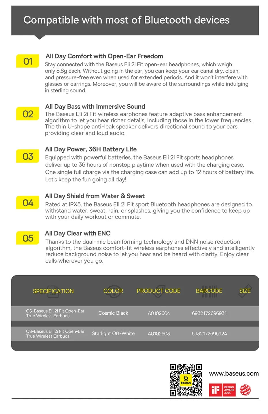 Baseus Eli 2i Fit Open-Ear Earphones True Wireless Bluetooth 6.0 Ear Hooks Headphones IPX5 Waterproof Sports Earbuds Bass Boost Tidesmit