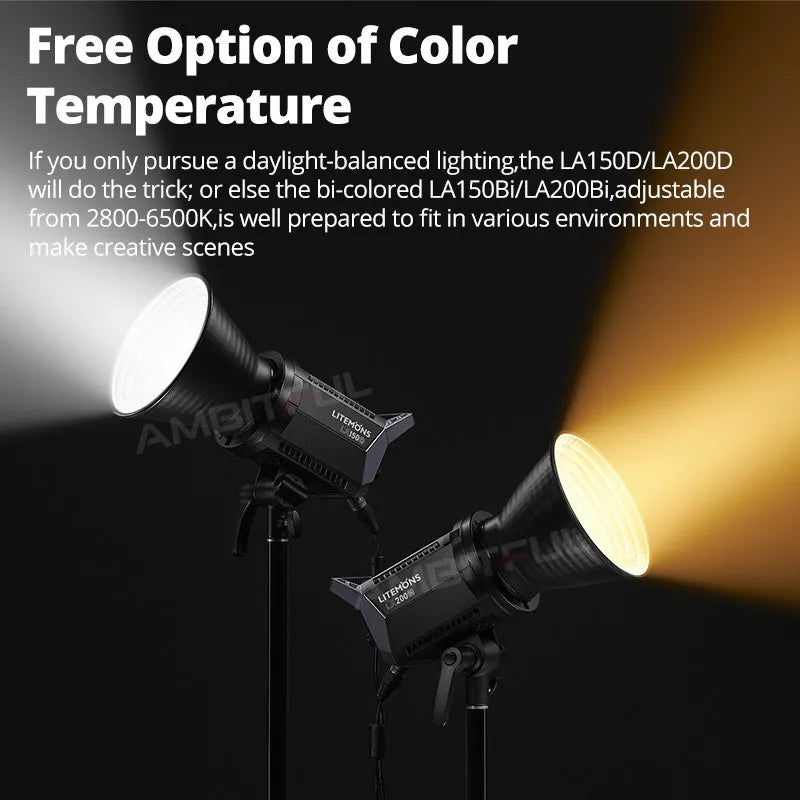 Two black LED studio lights on stands, one casting cool white light and the other casting warm yellow light.