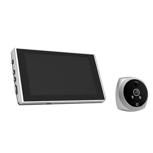 Silver door-viewer monitor with black display and matching silver peephole camera