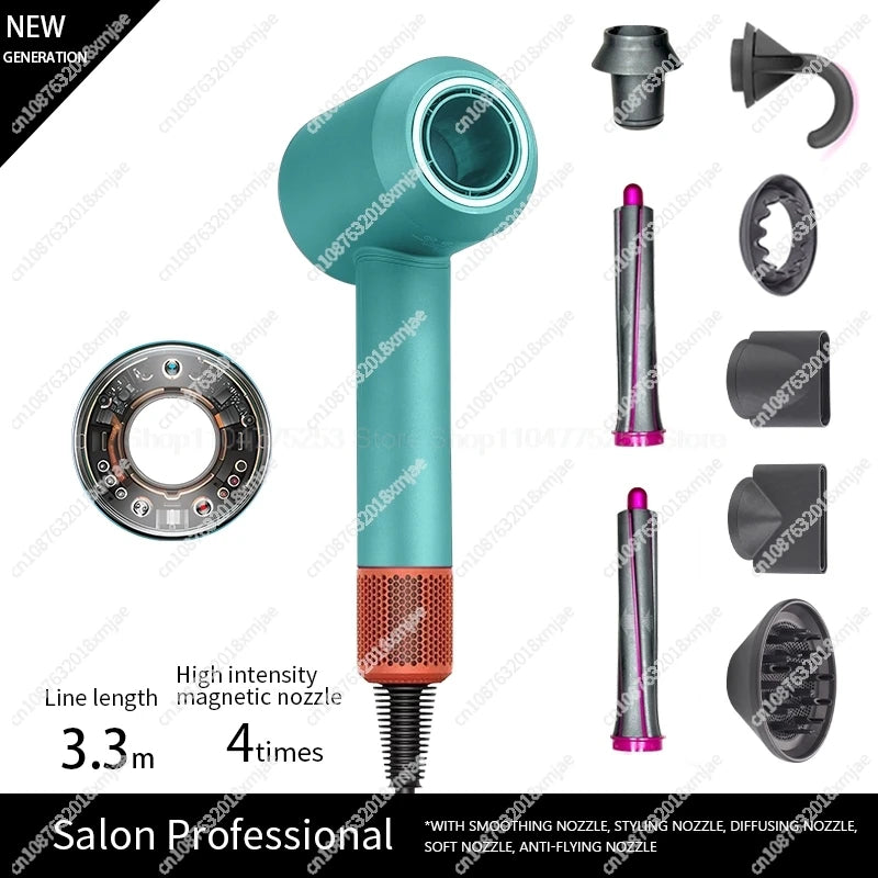 Teal leafless negative ion hair dryer with magnetic attachments, styling nozzles, and diffuser for professional salon use.