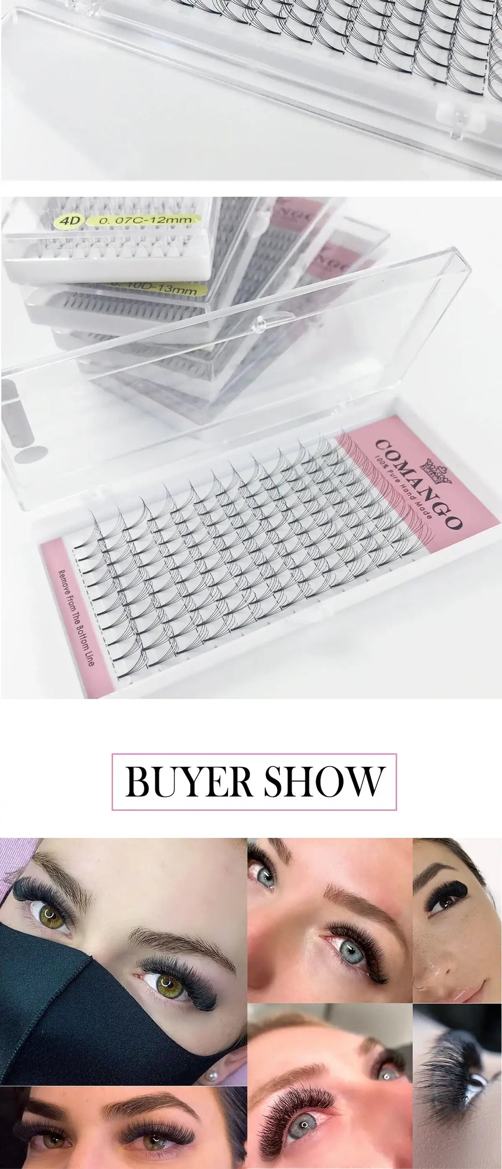 Black faux mink Russian volume lash fans in clear cases, shown on a lash tray and applied to eyes for a full look.