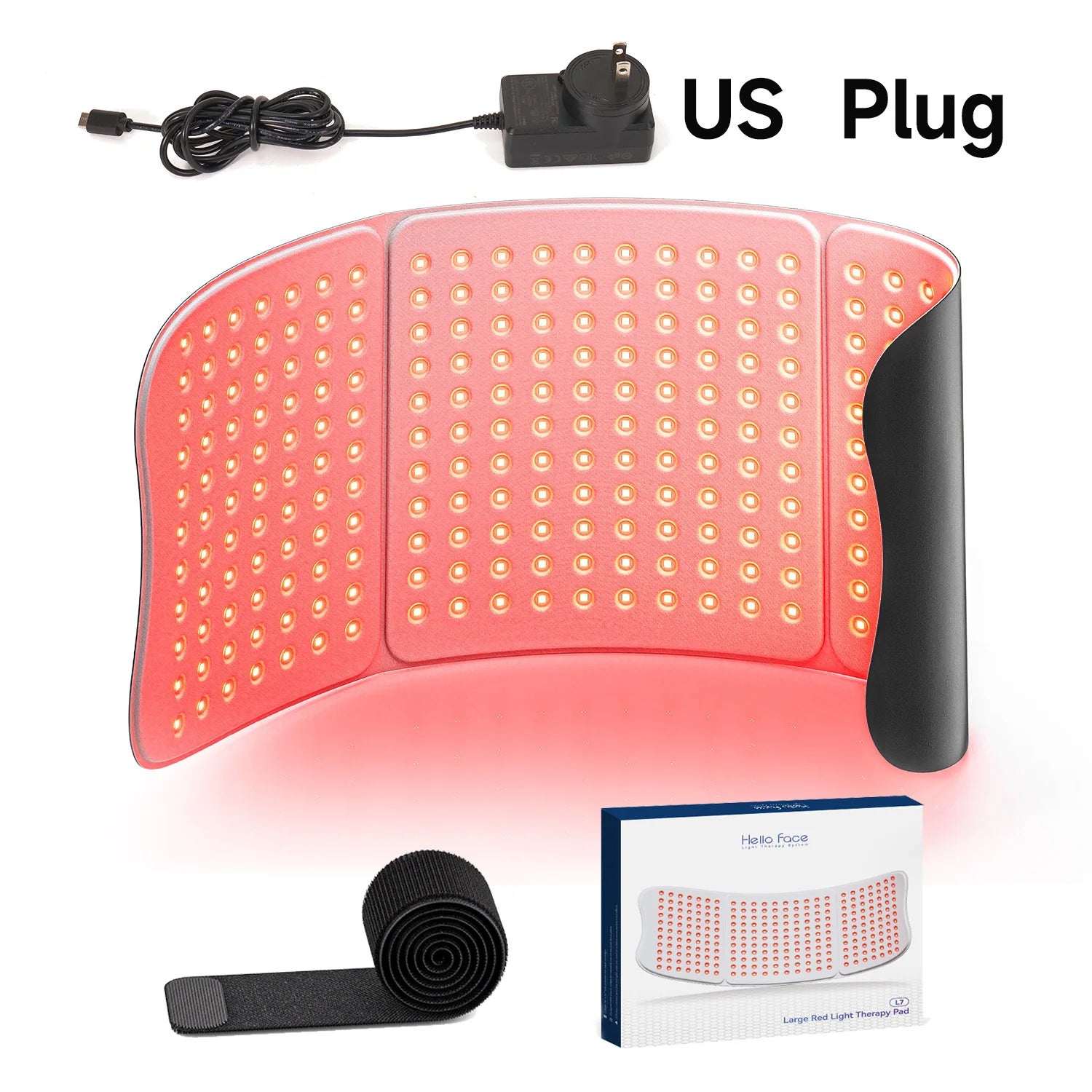 Large flexible red light therapy mat with many LED nodes, US plug, black strap, and product packaging box.