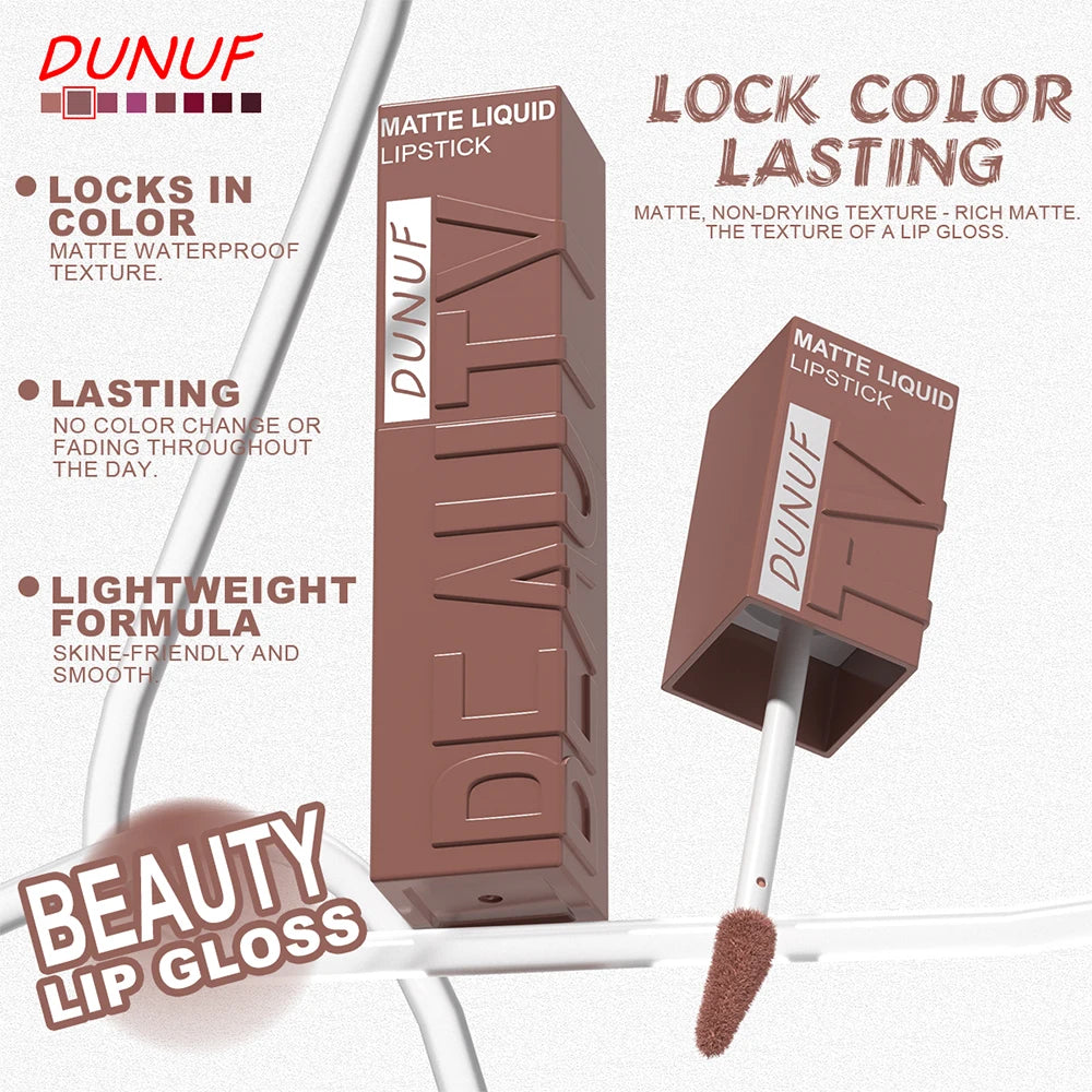 DUNUF 8pc matte liquid lipstick set in nude shades. Waterproof, long-lasting, non-stick, smooth velvet texture.