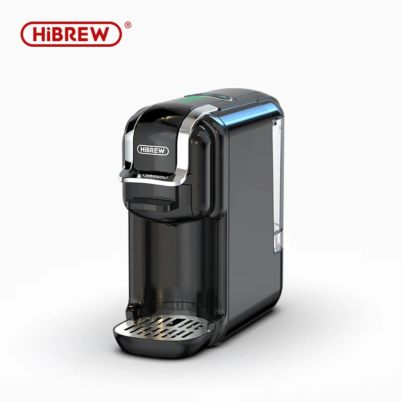 HiBREW black compact capsule coffee maker with metallic trim and a clear side water tank.