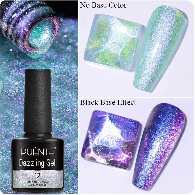 Dazzling gel nail polish in a 7.5ml bottle with swatches showing iridescent teal and purple shimmer over base colors.
