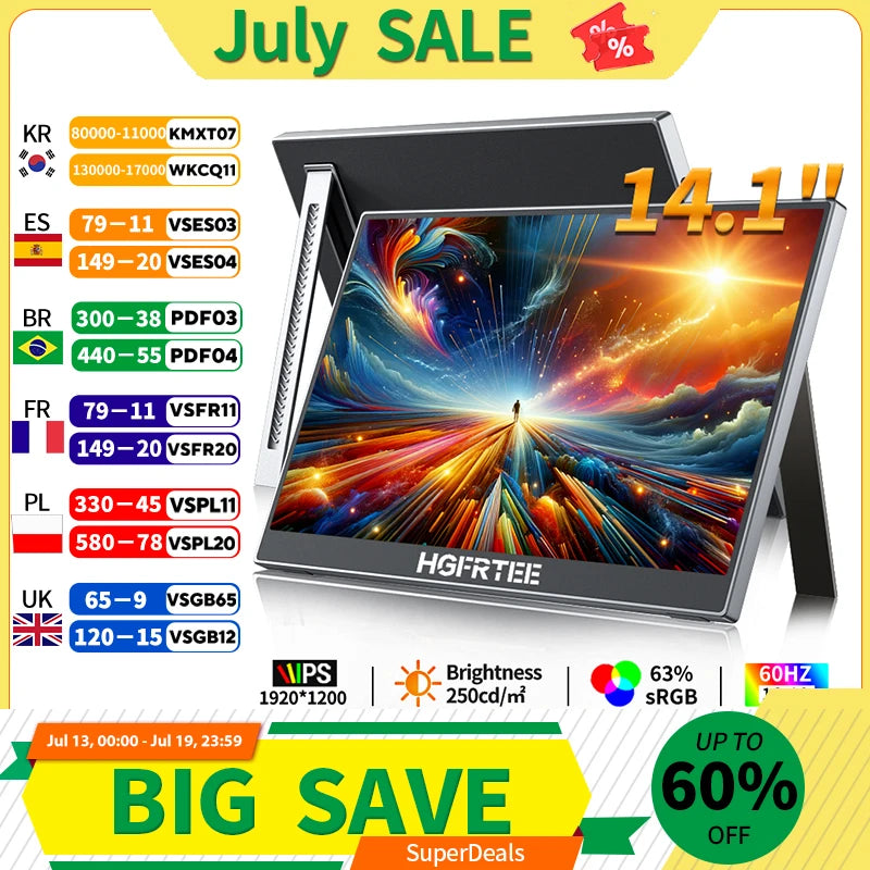 HGFRTEE 14.1 Inch Portable Monitor 1200P 16:10 Aspect Ratio 63%sRGB Second Screen for Laptop Gaming Compatible with Switch PS4/5