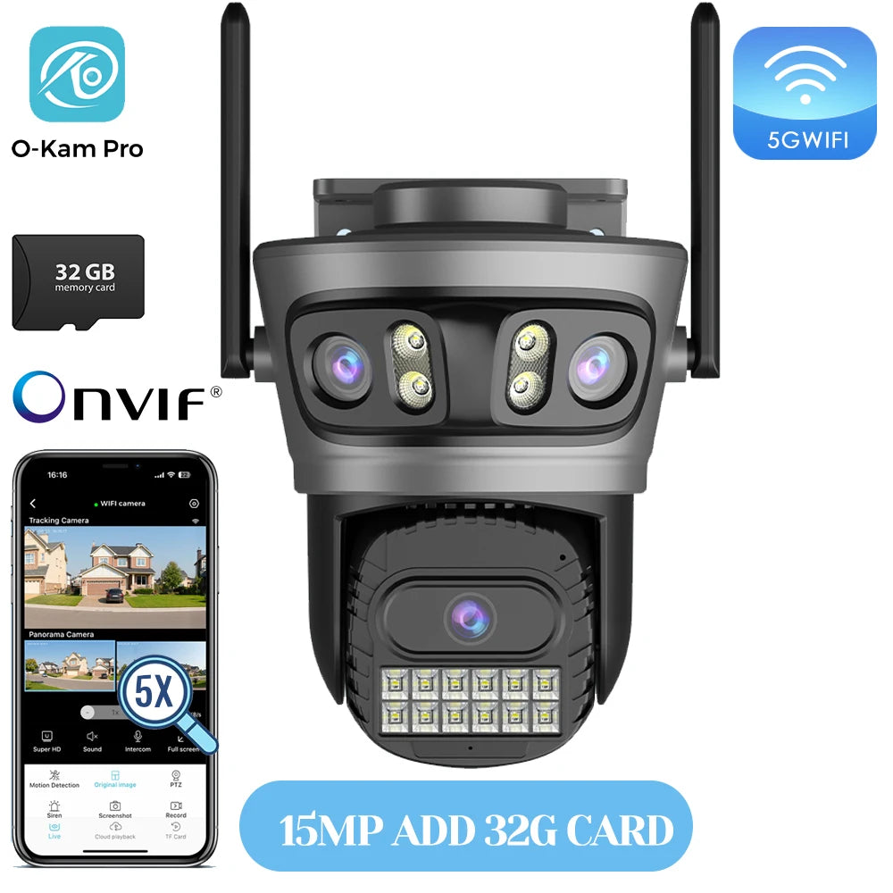 PTZ outdoor security 5G WiFi camera with dual antennas, matte black, quad-lens front, 32GB.