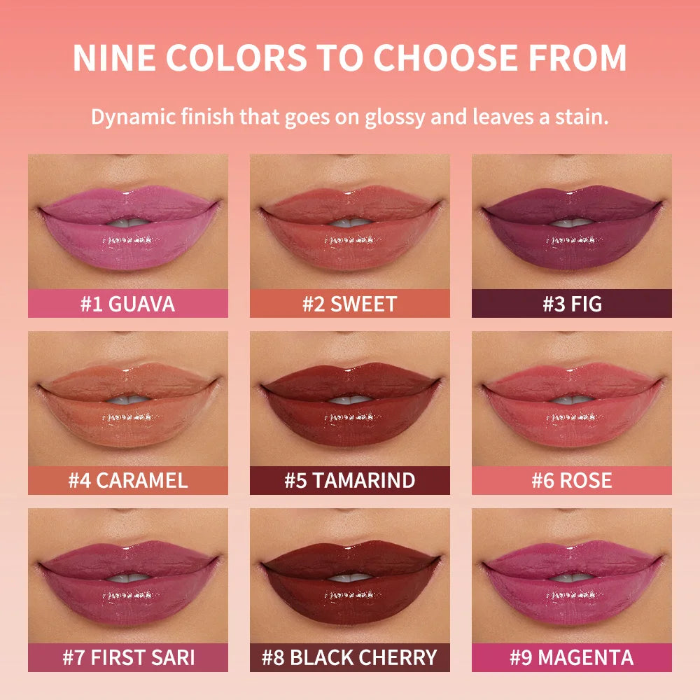 Kulfée 2-in-1 hydrating lip oil gloss stain in 9 glossy, non-sticky shades for long-lasting, moisturized lips.