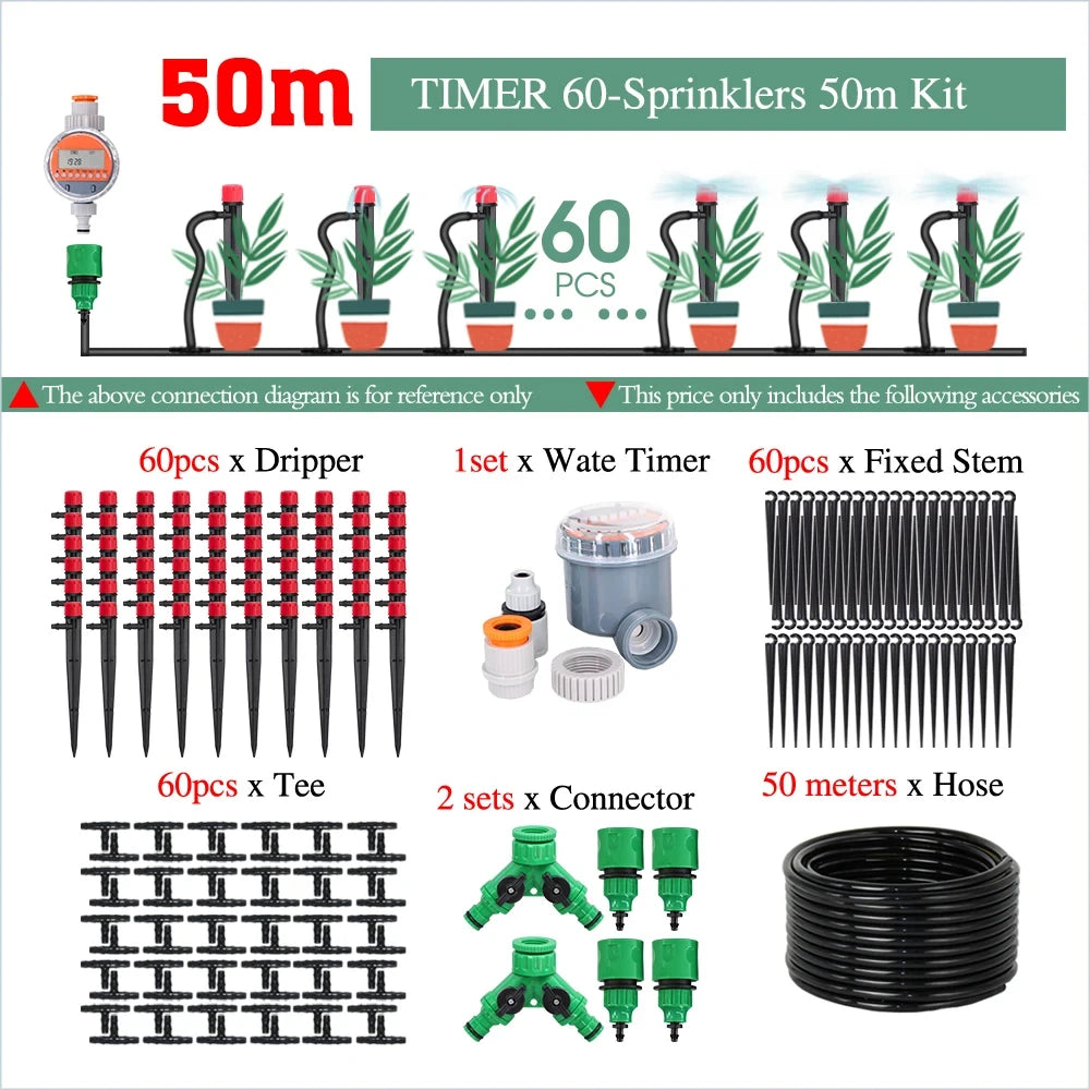 50-5M Automatic Garden Irrigation System Adjustable 13cm Sprinkler Smart Timer Greenhouse Yard Watering Kit Strong Flux