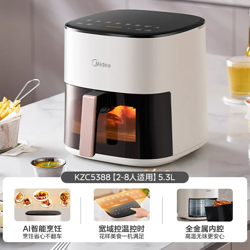 Midea air fryer with viewing window and handle, white and black body, 2-8L