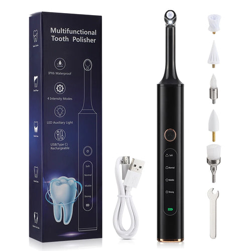 Electric tooth polisher and tartar remover, 4-mode AI toothbrush kit with replaceable heads and charging cable.