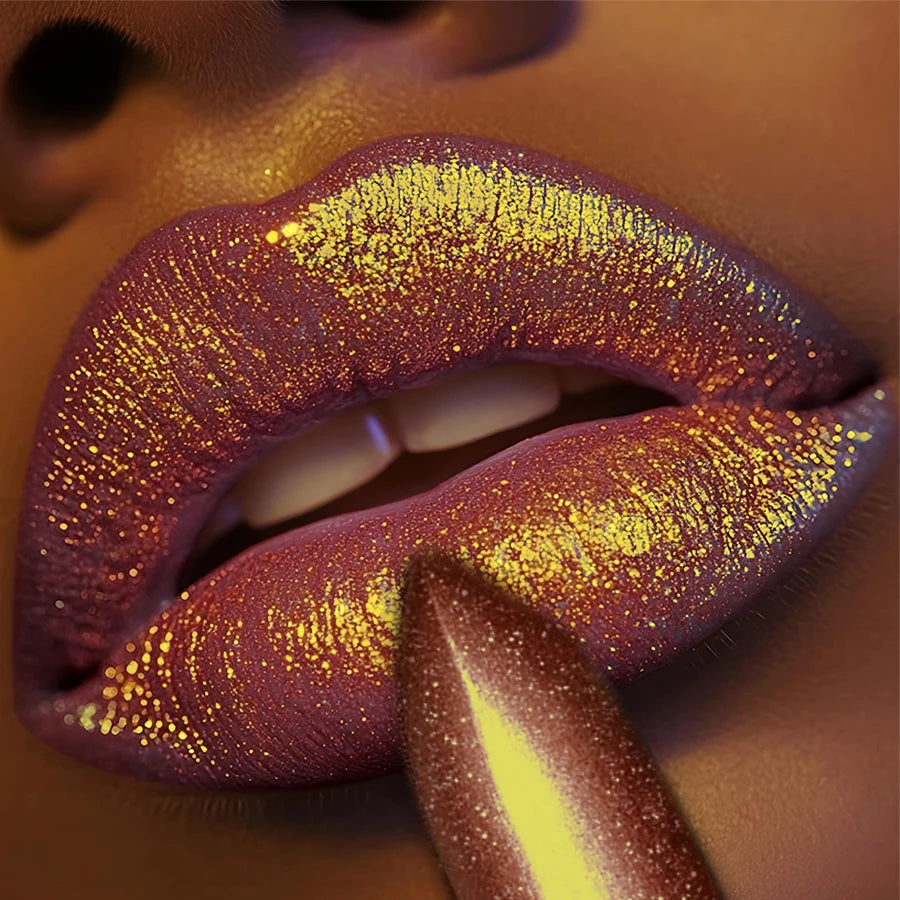 Bold, intense pearlescent metallic lipstick with gold glitter on lips for a shiny, long-lasting, intense finish.