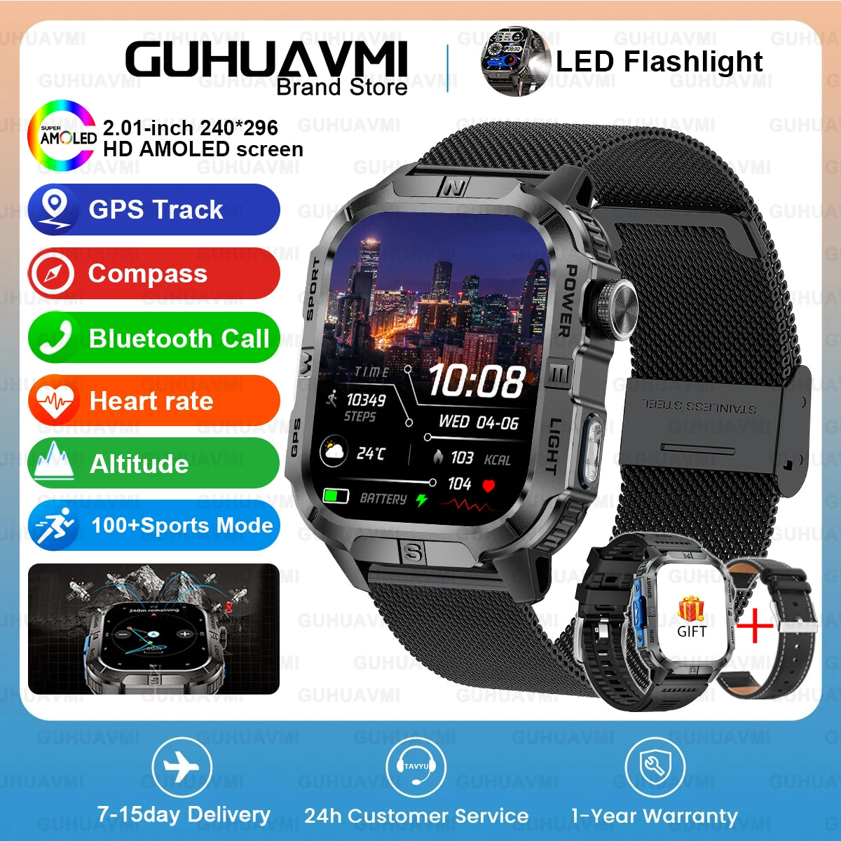 2026New Outdoor Military Men's Smartwatch, Equipped With GPS LED Lighting, Compass, Wireless Communication IP68 Waterproof Watch