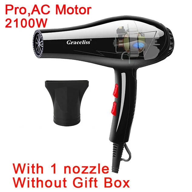 Black 2100W professional hair dryer with AC motor, nozzle attachment, and hot/cold wind settings for salon or home.