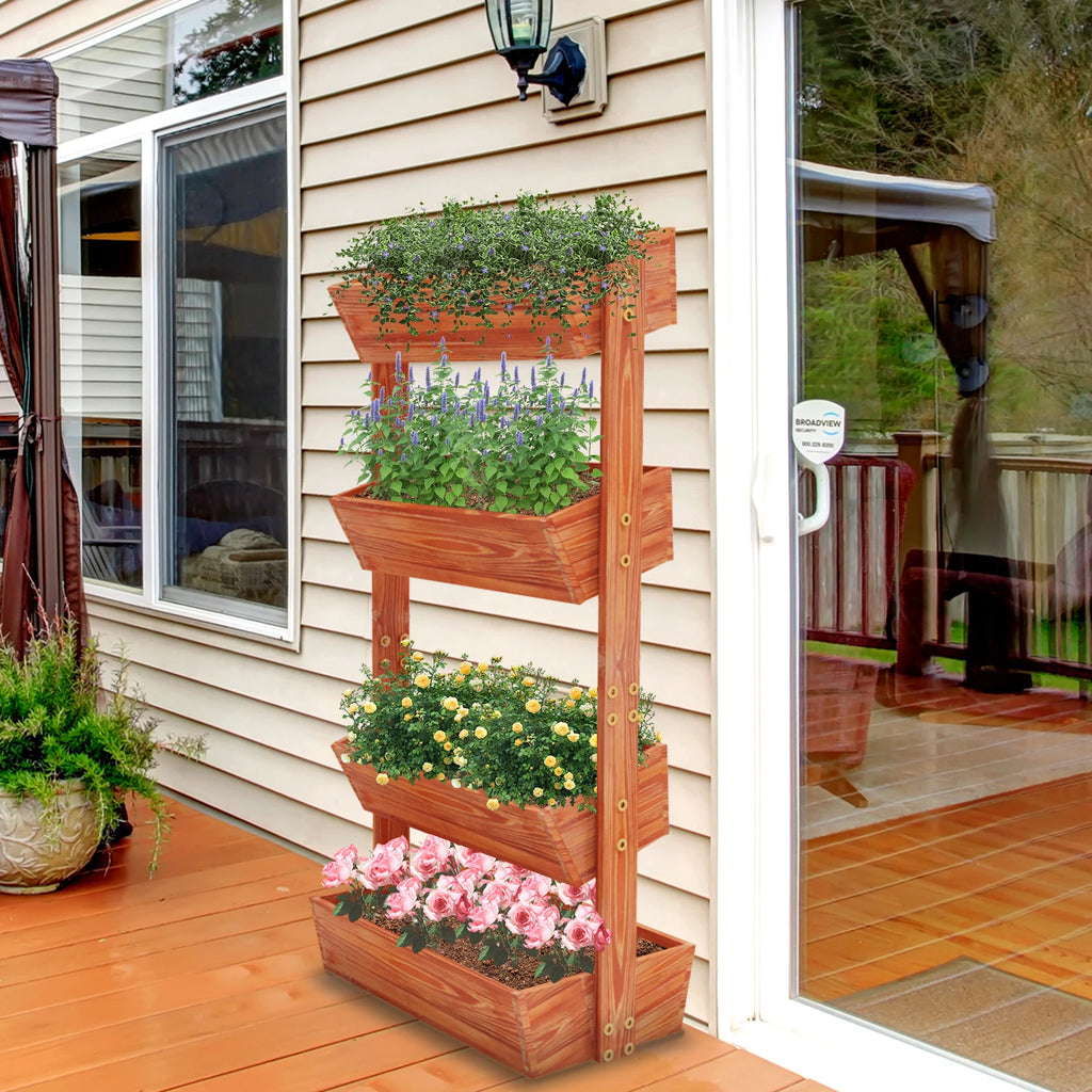 Reddish brown 4-tier vertical raised wooden planter box on outdoor patio with flowers