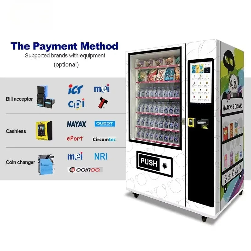 Vending machine featuring payment methods list beside the touch screen and card reader