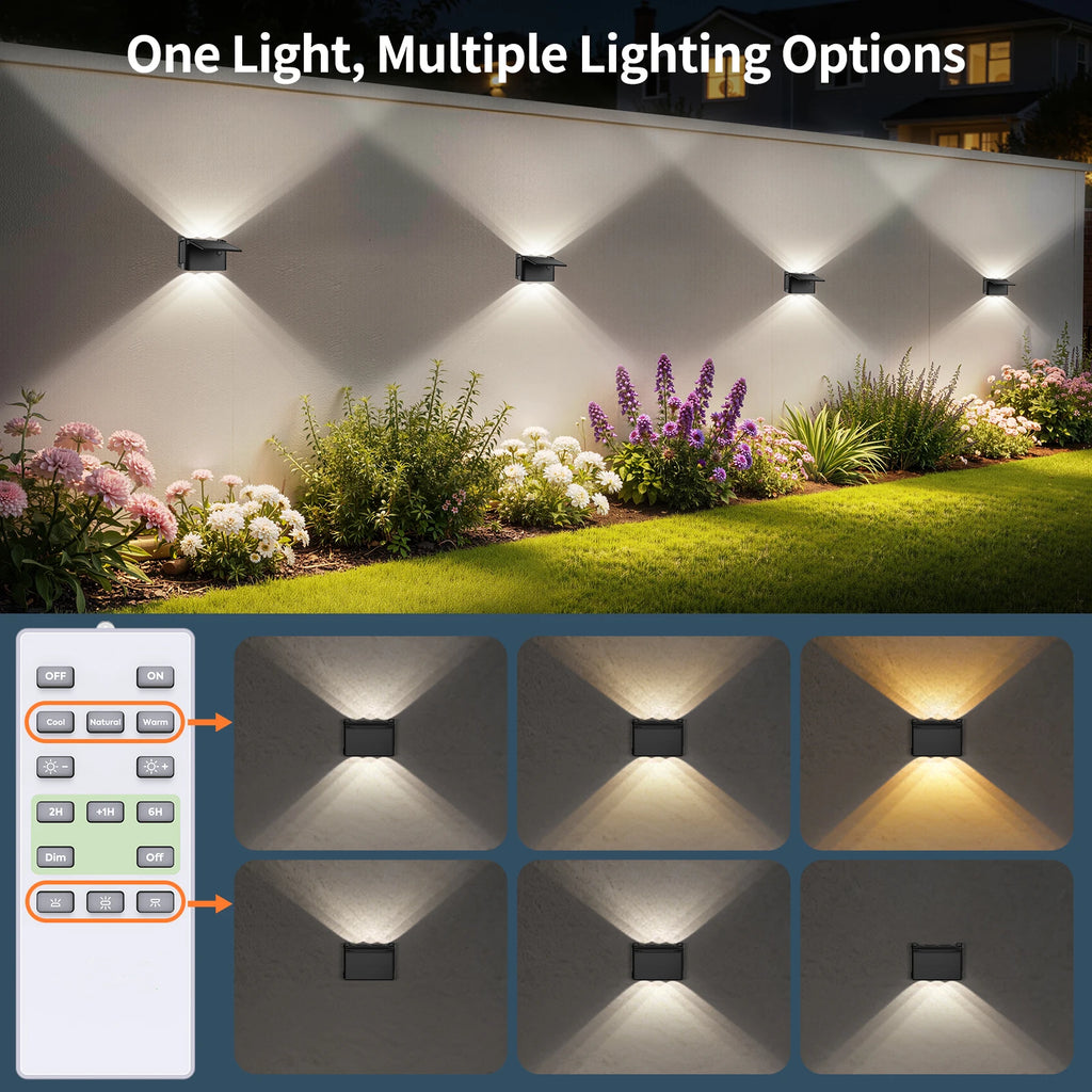 intelamp Solar Wall Lights 2 Pack with Remote, 3 Color Modes, IP65 | Customizable Up/Down lighting, IP65 Waterproof Solar Lamp for Outdoor Walls, Fences, Patios and Entryways